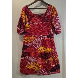 Mille Gabrielle Red Yellow Leaf Print Tiered‎ Square Neck Puff Sleeve Dress XL